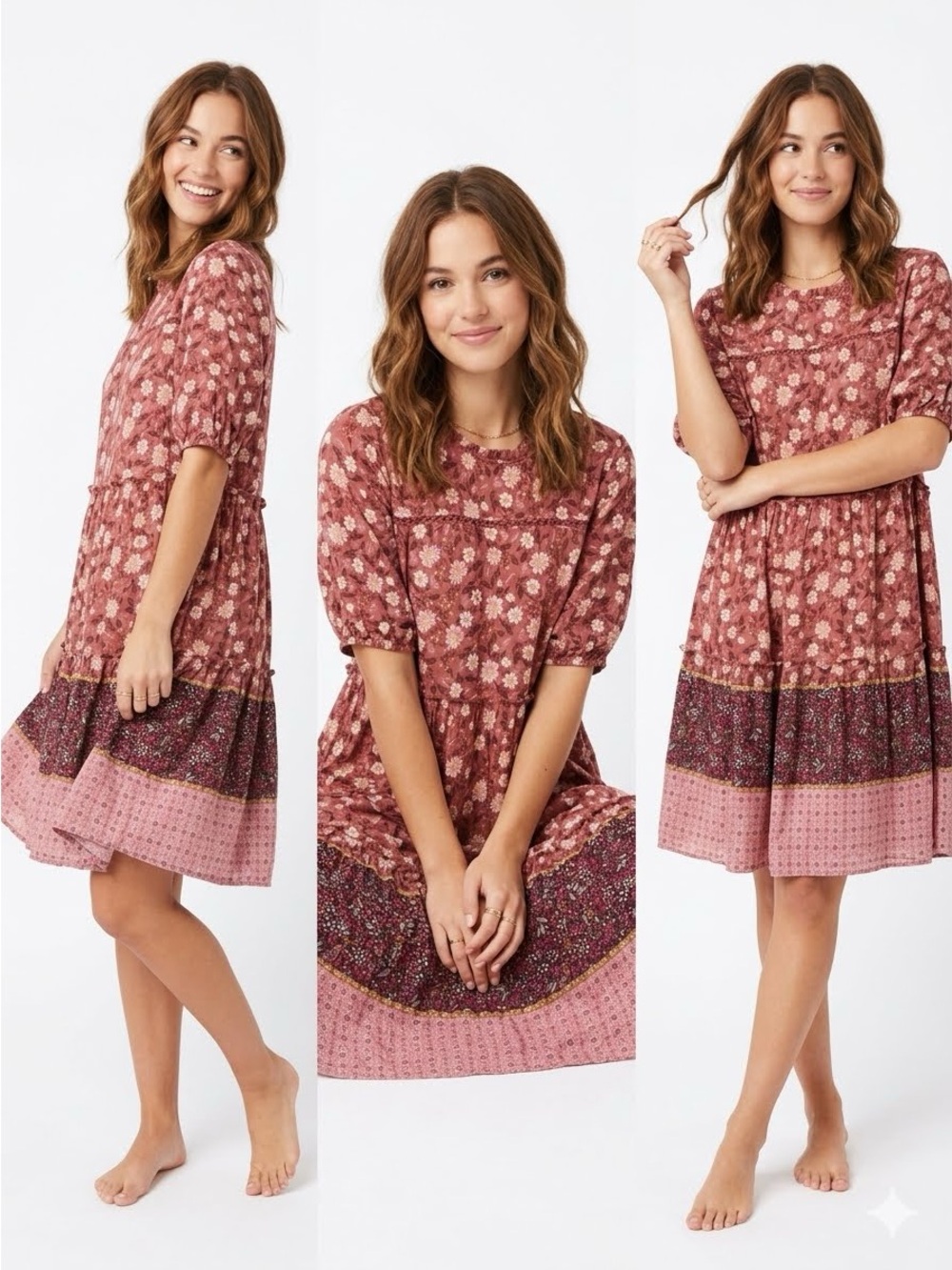 Knox Rose Rust Floral Tiered Boho Mini Dress | Size L | Like New - Picture 1 of 5